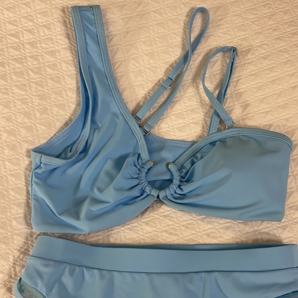 Sky blue women’s high waist retro convertible one shoulder 2 piece swim suit S - Picture 2 of 4
